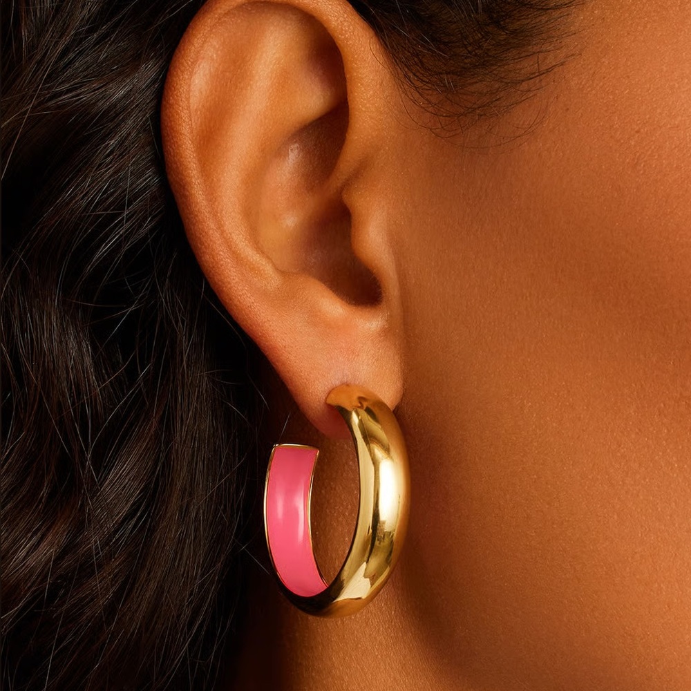 Gorjana Paseo Pink Enamel Hoop Earrings 18k Gold Plated New